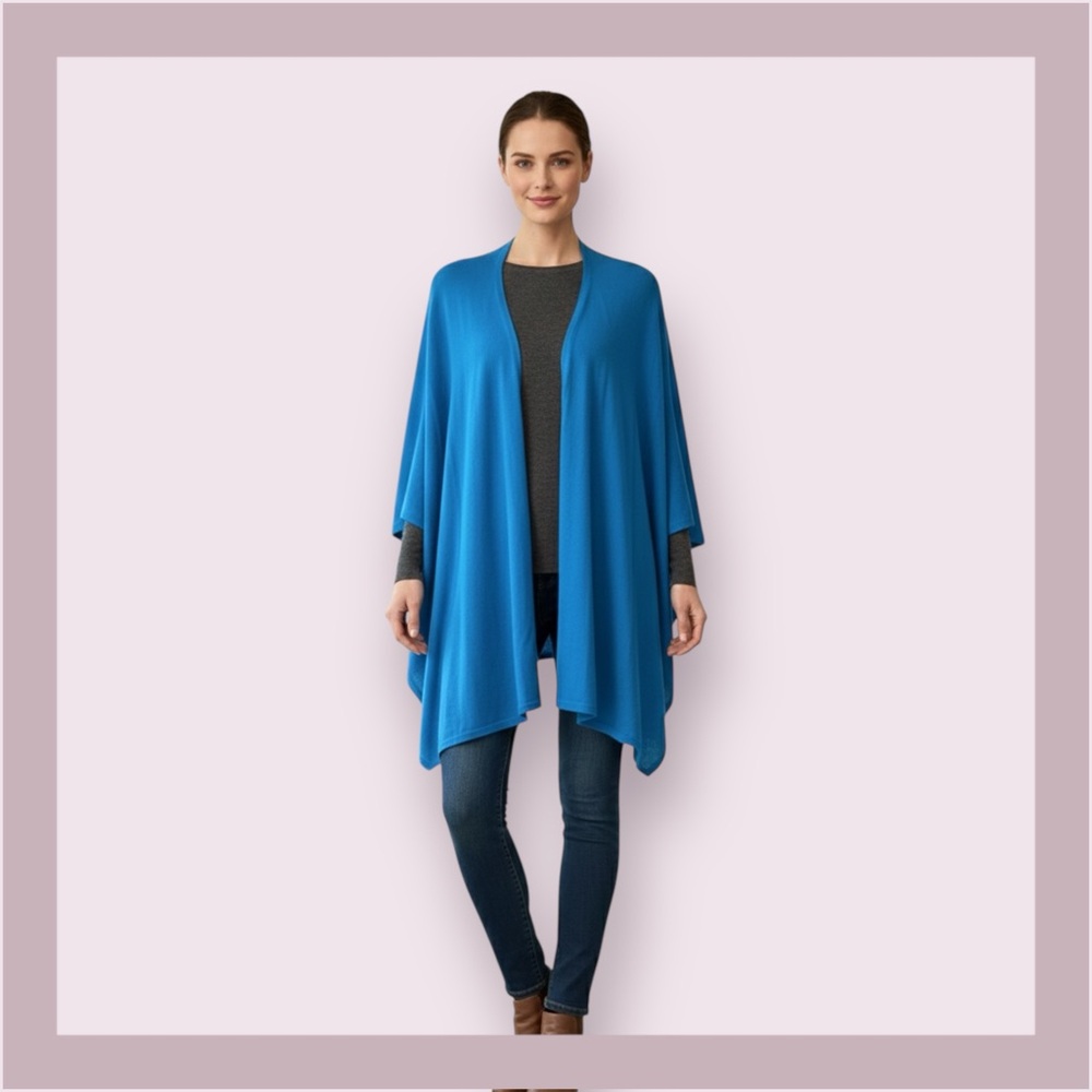 Neiman Marcus Cashmere Collection Teal Blue Cashmere Open Front Cape Shawl